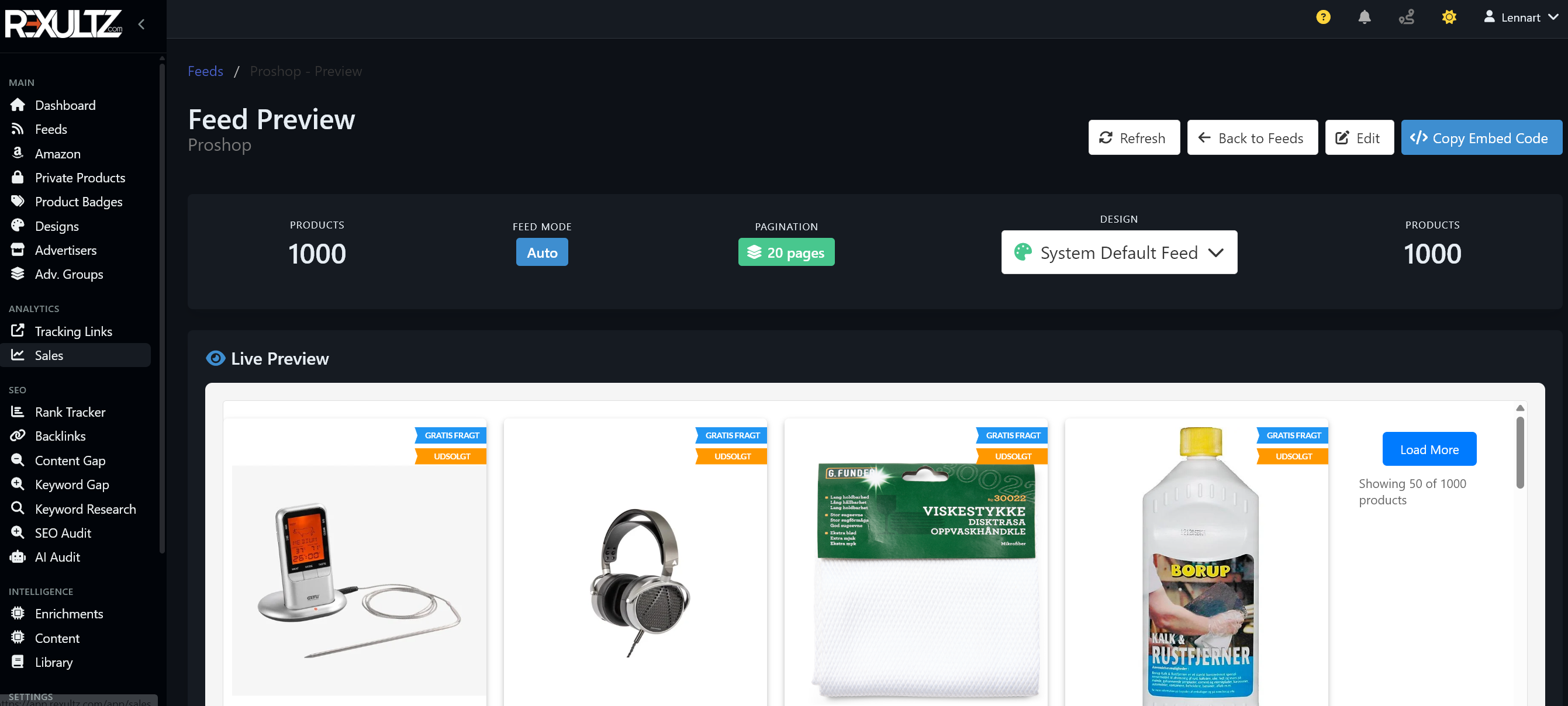 Rexultz feed preview showing a grid of product cards with a live preview