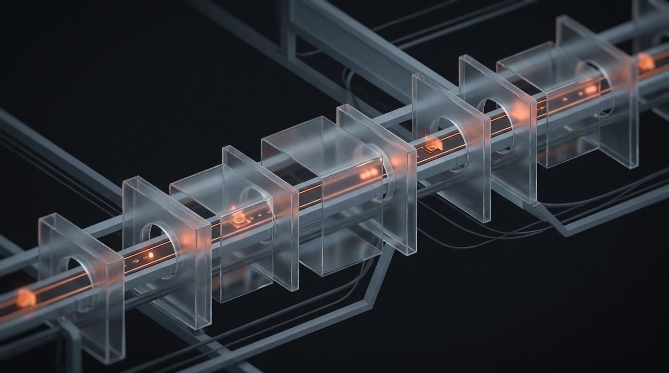 Abstract dark illustration: a modular pipeline of glass blocks with glowing orange elements moving through it